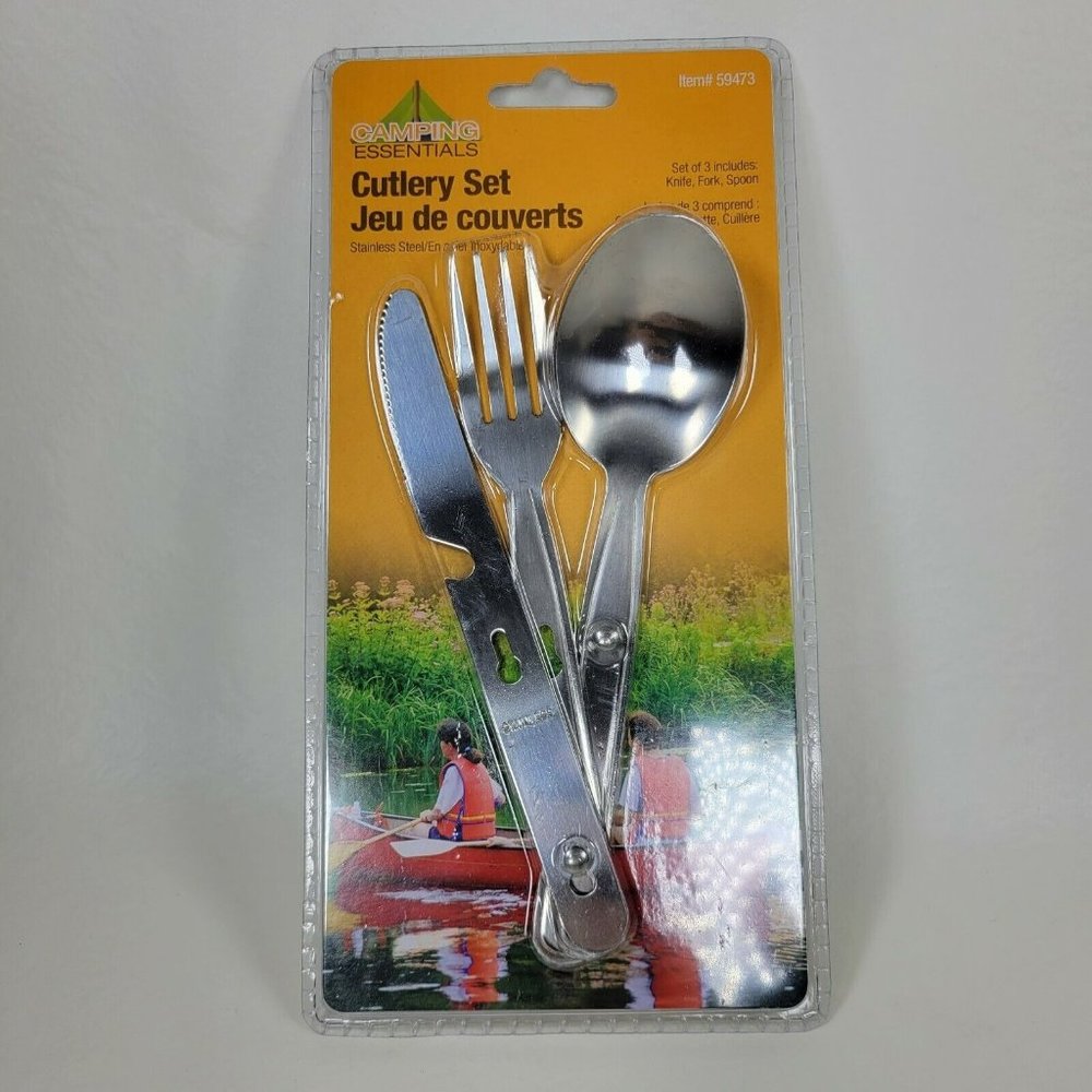 Camping Essentials Stainless Steel Cutlery Set NEW Knife Spoon Fork Clip